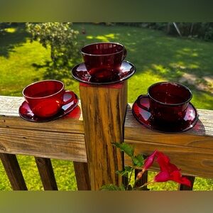 Vintage Glcoloc France Ruby Red Cups And Saucers Set Of 3 GORGEOUS!